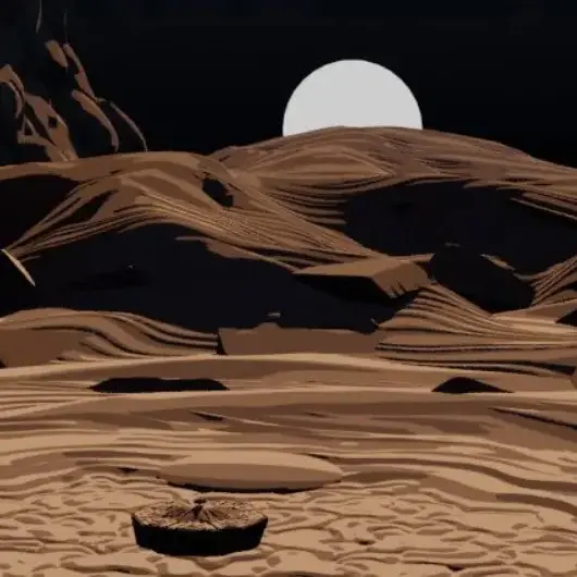 Une illustration d'un desert, la nuit, avec une grande lune blanche