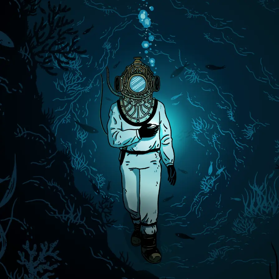 Une illustration d'une personne en scaphandre, marchant sous la mer au milieu des algues et des poissons