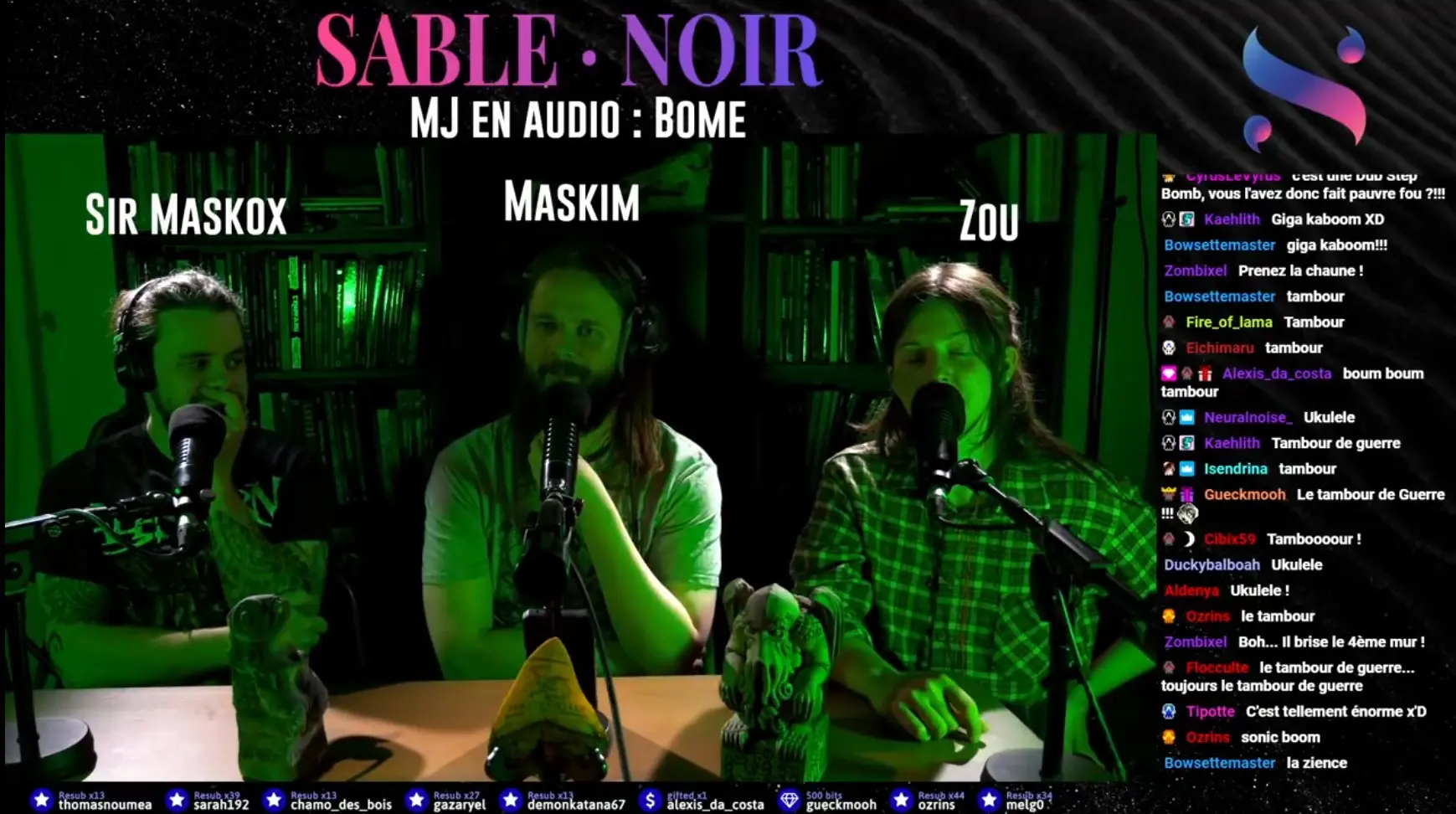 Copie d'écran du live sur Twitch, avec Sir Maskox, Maskim et Zou