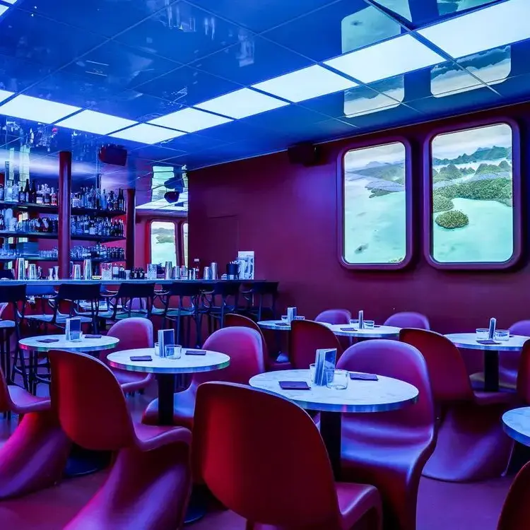 Le bar Unplug, avec un décor de sci-fi, sous des néon rouge